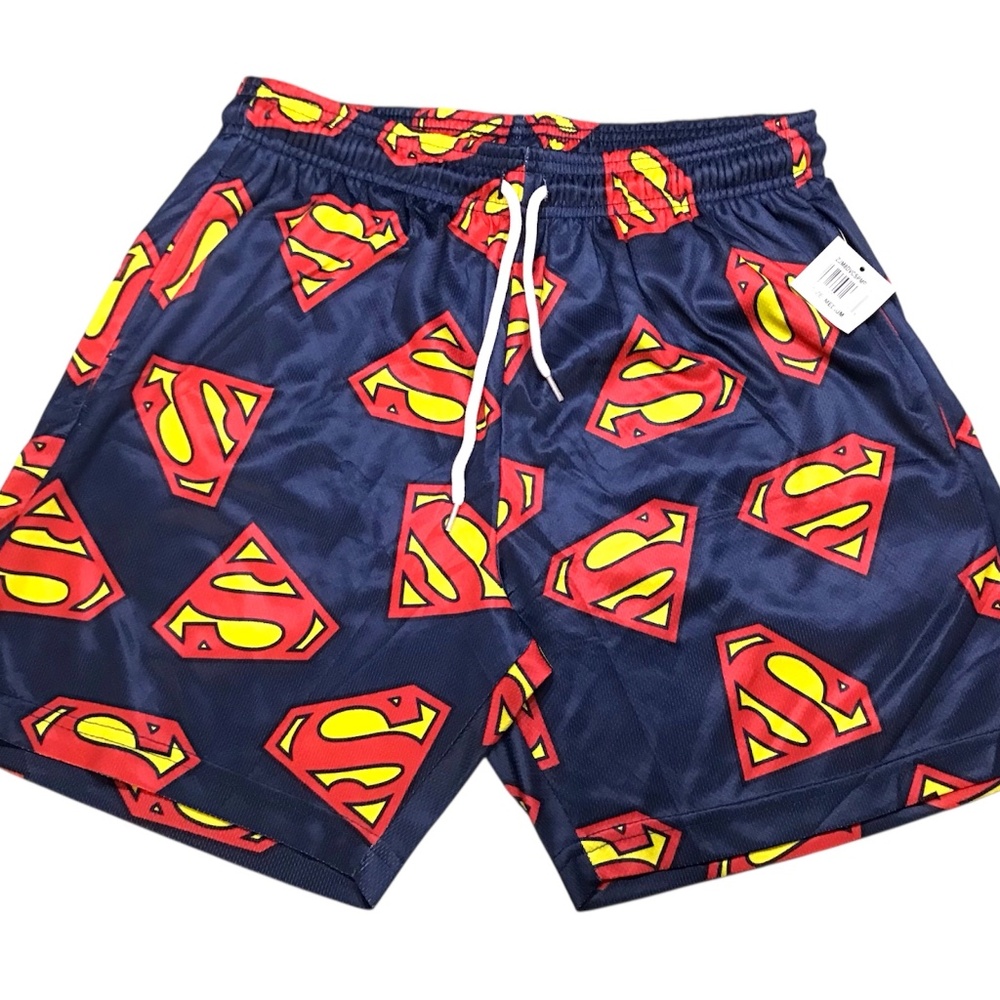 Superman Logo All-Over Print Men's Navy Active Mesh Shorts - Medium